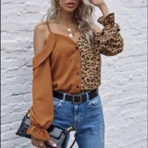 SHEIN leopard panel cold shoulder spliced blouse